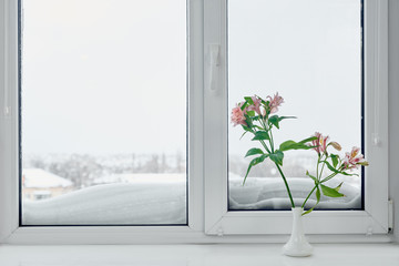 Frosty winter window view and vase with flowers on windowsill