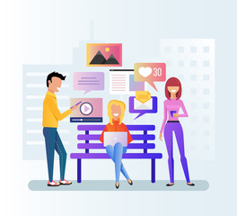 Group of people teen man and woman character discussion by internet laptop and smartphone. Online communication device digital modern technology social media network. Vector flat cartoon isolated
