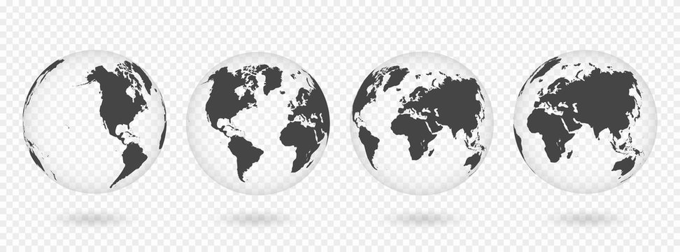 Set of transparent globes of Earth. Realistic world map in globe shape with transparent texture and shadow © Yevhenii