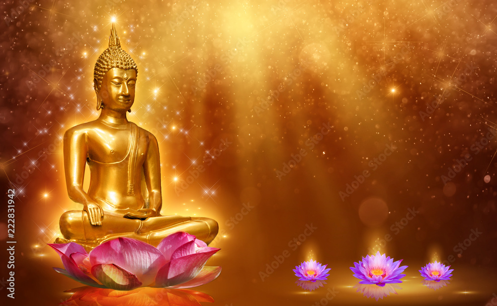 Wall mural buddha statue water lotus buddha standing on lotus flower on orange background