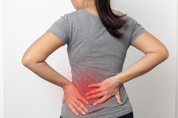 Woman with backache on white background