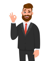 Young business man showing OKAY/OK sign gesturing hand. Emotion and body language concept in cartoon style vector illustration..