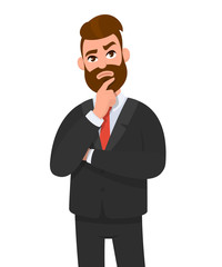 Young businessman thinking something and crossed arm and holding index finger on jaw. Thoughtful businessman looking up thinking concept. Emotion and body language concept in cartoon vector style.