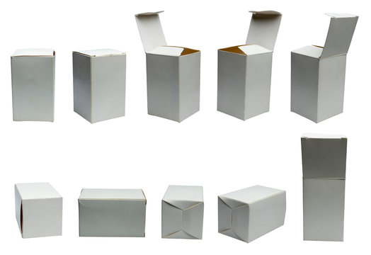 White, small box on white background at different angles.