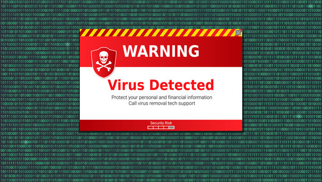 Virus Detected, Alert Message. Scanning And Identifying Computer Virus Inside Binary Code Listing. Warning Message Above Area Of The Code With Computer Virus.