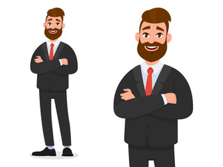 Smiling confident businessman in black formal wear with arms crossed isolated in white background portrait and full view. Emotion and body language concept in cartoon style vector illustration..