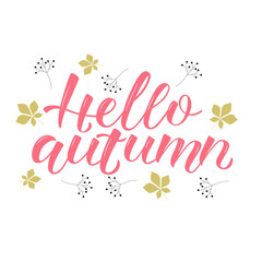 Hand drawn HELLO AUTUMN- Celebration quotation for card, postcard, event icon, logo. Vector illustration EPS 10