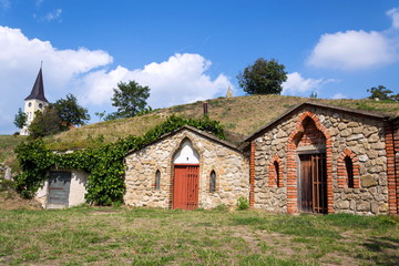 Traditional wine cellars carved out of land, Vrbice, Breclav district, Southern Moravia, Czech Republic