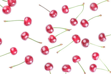 Various bright ripe fresh cherries on white isolated background. top view