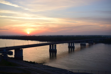 Sunrise over the Ob river banks in Barnaul city of Altai mountains