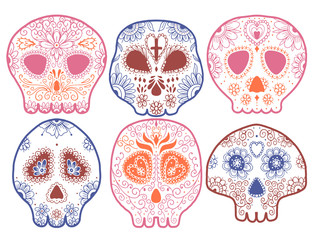Day of the dead vector illustration skull. Vector illustration set. Tattoo skeleton.