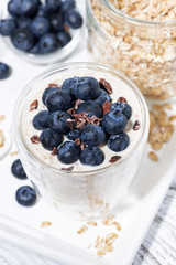 bircher muesli with fresh blueberries, vertical top view