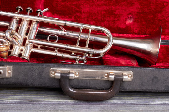 Trumpet in case close up. Instrument of jazz music. Gift for music professionals.