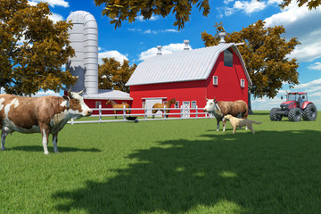 Farm scene with red barn and farm animals, 3D Rendering © G3D Studio