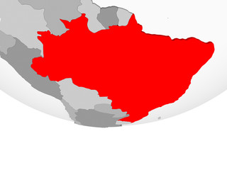 Map of Brazil on grey political globe
