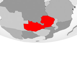 Map of Zambia on grey political globe