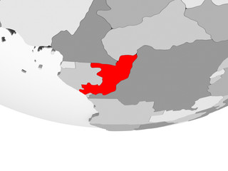 Map of Congo on grey political globe