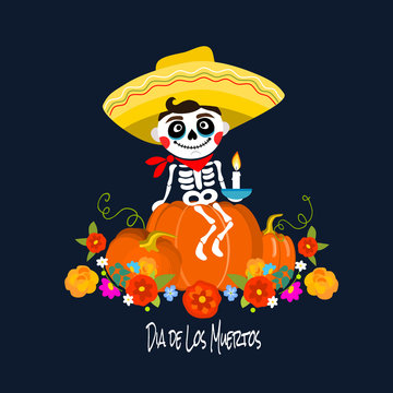 Mexican Dia de los Muertos (Day of the Dead) skeleton kid sitting on a pumbkin, greeting card, vector illustration.