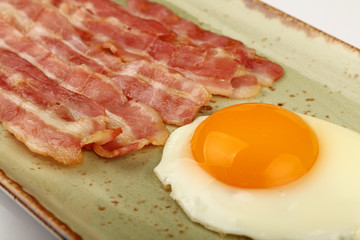 Close up sunny side egg and bacon on plate
