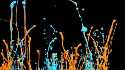 Abstract coloured paint splashes on black