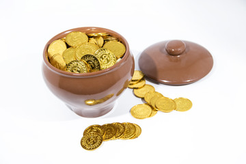 Isolated pot with golden coins. Abstract photo of lucky