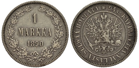 Finland Finnish silver coin 1 one markka 1890, Russian administration, face value and date within oak wreath, crowned eagle with two heads holding scepter and orb, shield with Finnish lion on chest, 