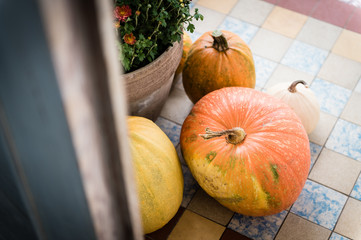 Thanksgiving decorated front door with various size and shape pumpkins and chrysanthemum. Front Porch decorated for the Halloween, Thanksgiving, Autumn season.