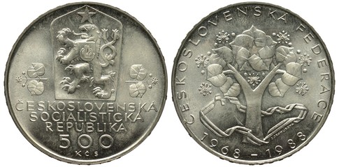 Czechoslovakia Czechoslovak silver coin 500 five hundred korun 1988, Subject 20th Anniversary of...