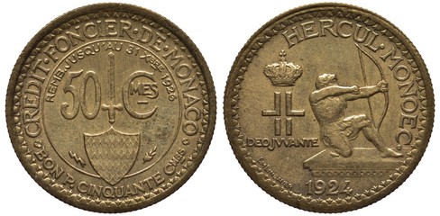 Monaco Monegasque coin 50 fifty centimes 1924, sword above shield divides value, crowned monogram,...