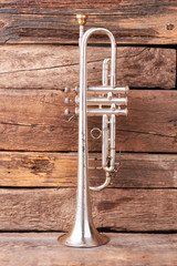 Vintage trumpet on old wooden background. Aged trumpet on rustic wooden boards, vertical image....