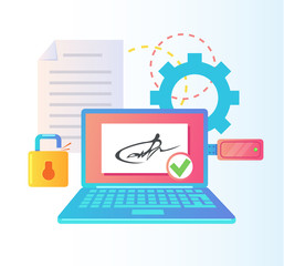 Electronic online digital signature stamp on usb laptop computer monitor ps. Web internet document contract agreement business concept. Vector flat cartoon graphic design illustration
