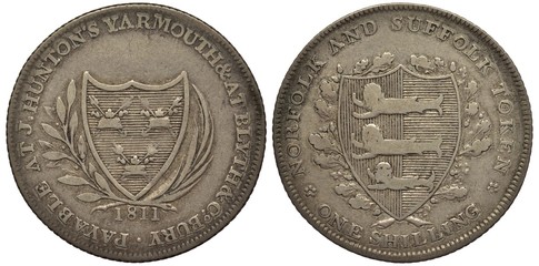 Great Britain British Norfolk and Suffolk silver coin token 1 one shilling 1811, shield with stripes flanked by sprigs, payable at J.Hunton’s Yarmouth, Blyth and Canterbury, shield with lions flanked 