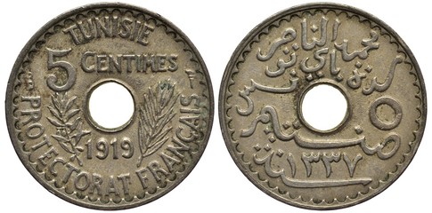 Tunisia Tunisian coin 5 five centimes 1919, French Protectorate, ruler Muhammad Nasir Bey, central hole divides value and date, floral sprigs  flank, country name, value and date in Arabic,