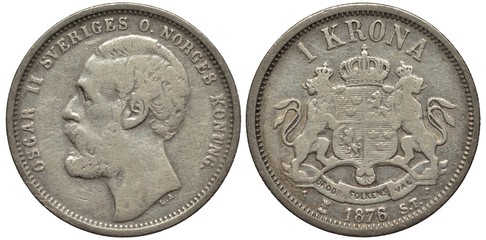 Swedish and Norwegian silver coin 1 one krona 1876, head of King Oscar II left, two crowned lions supporting shield with triple crowns and smaller lions, date below,
