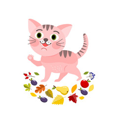Pink little cat with autumn leavess and fruits, Autumn greeting card, vector illustration