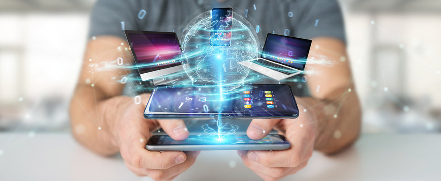 Modern devices connected in businessman hand 3D rendering