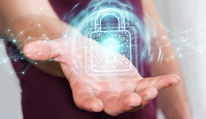 Businessman using digital padlock with data protection 3D rendering