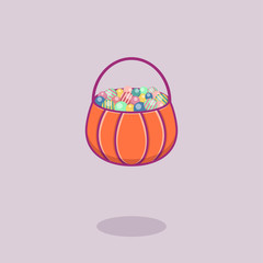 Pumpkin with candies in flat style for Halloween. Vector illustration.