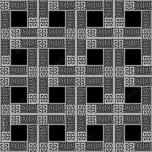 Meanders Checkered Greek Vector Seamless Pattern Black And White Black And White Abstract Geometric Background Greek Key Ancient Check Geometry Shapes Squares Elegant Decorative Design Template