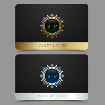 Vector golden and platinum VIP card template. Crown round frame with gem on a black geometric pattern background. Jewel label design plastic card with metallic line