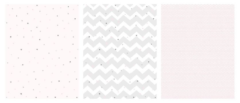 Set of 3 Bright Delicate Chevron and Dots Vector Patterns. Irregular Tiny Dots Pattern. Grey and Pink Chevron Designs. White, Gray and Pink Pastel Colors.