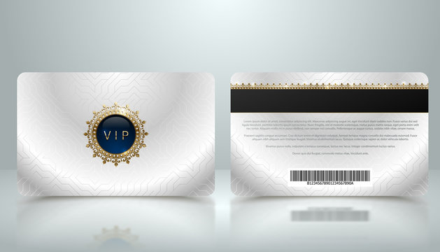 Vector template of membership or loyalty silver metallic VIP card with luxury geometric pattern. Front and back design presentation. Premium member, gift plastic card with golden crown, gem, barcode.