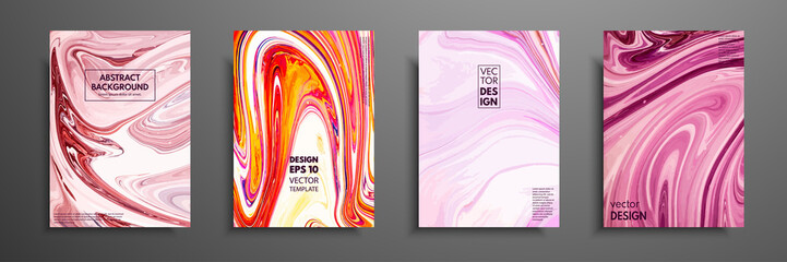 Set of universal vector cards. Liquid marble texture. Colorful design for invitation, placard, brochure, poster, banner, flyer. Artistic covers design. Creative fluid colors backgrounds.