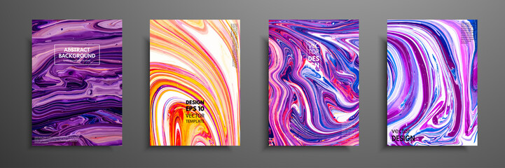 Set of universal vector cards. Liquid marble texture. Colorful design for invitation, placard, brochure, poster, banner, flyer. Artistic covers design. Creative fluid colors backgrounds.