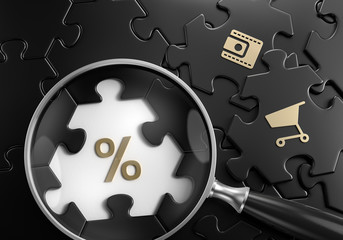 Discount Search. Close-up composition of magnifying glass focusing on percent symbol surrounded by black colored jigsaw puzzle assembled from hexagonal parts. 3d rendering graphics.