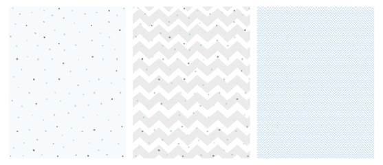 Set of 3 Bright Delicate Chevron and Dots Vector Patterns. Irregular Tiny Dots Pattern. Grey and Blue Chevron Designs. White, Gray and Blue Pastel Colors.