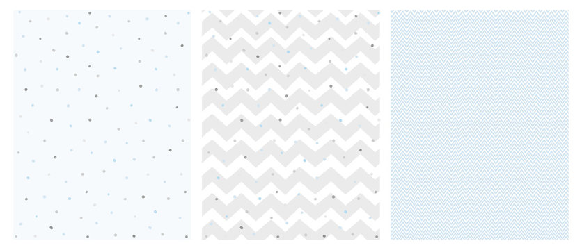 Set of 3 Bright Delicate Chevron and Dots Vector Patterns. Irregular Tiny Dots Pattern. Grey and Blue Chevron Designs. White, Gray and Blue Pastel Colors.