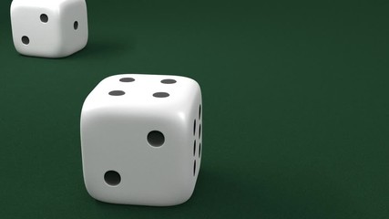 Close up view of two dices rolling on a green table in casino. 3d generated. - Powered by Adobe
