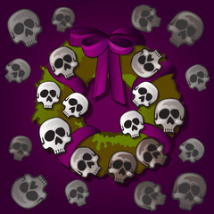 Poster or postcard style Halloween holiday. Round wreath with ornaments in the form of miniature human skulls and purple ribbon bow. Vector cartoon close-up illustration.