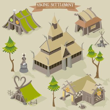 Viking settlement vector map buider isometric illustration of scandinavian norseman buildings collection - TAGS © QatlasMap